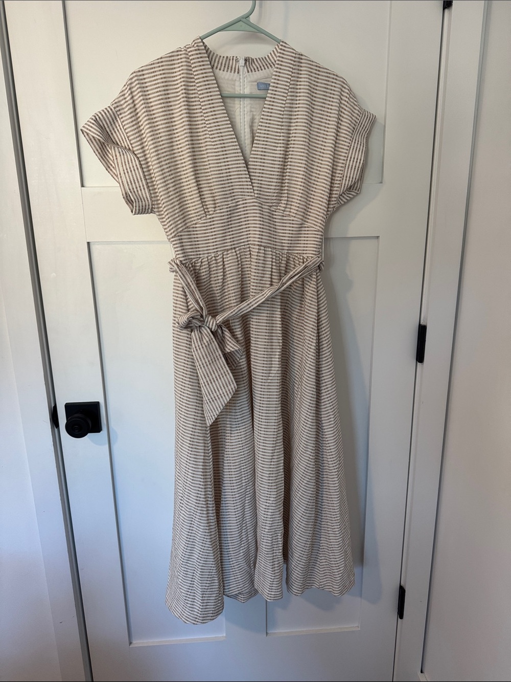 Antonio Melani Striped V-Neck Tie-Waist Midi Dress in Beige
